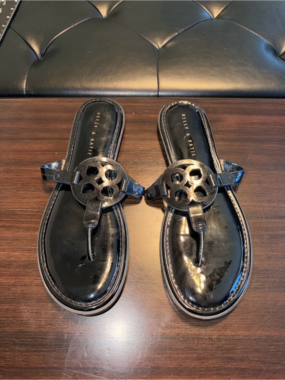 Kelly & Katie Black Patent Logo Thong Sandals